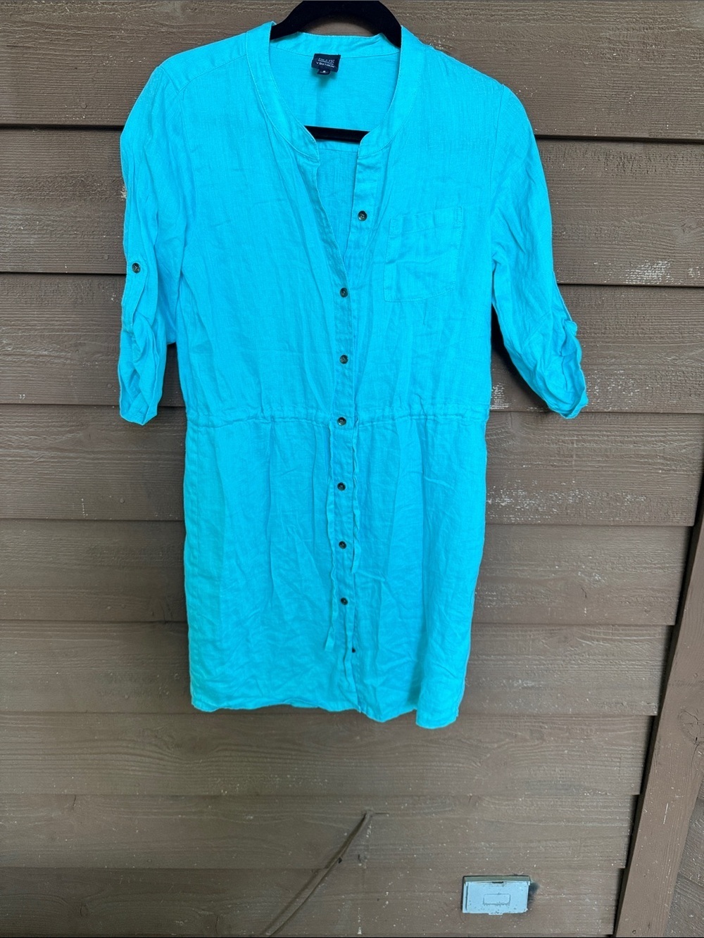 Saks Fifth Avenue Turquoise Button-Front Midi Linen Dress size Small